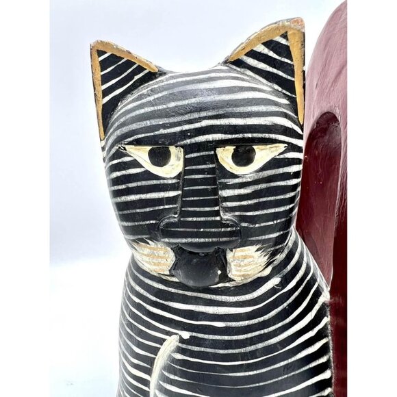 Wood Striped Cat Bookend Carved Folk Primitive Grumpy - Picture 2 of 6